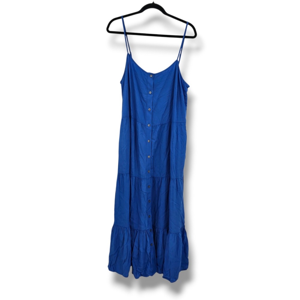 New J.Crew Blue Tiered Midi Dress Button Front Adjustable Straps Womens Size 16‎